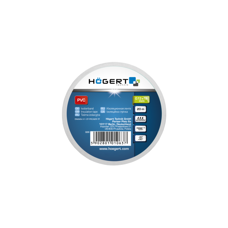 Ізоляційна стрічка HOEGERT з ПВХ,біла (HT1P285)